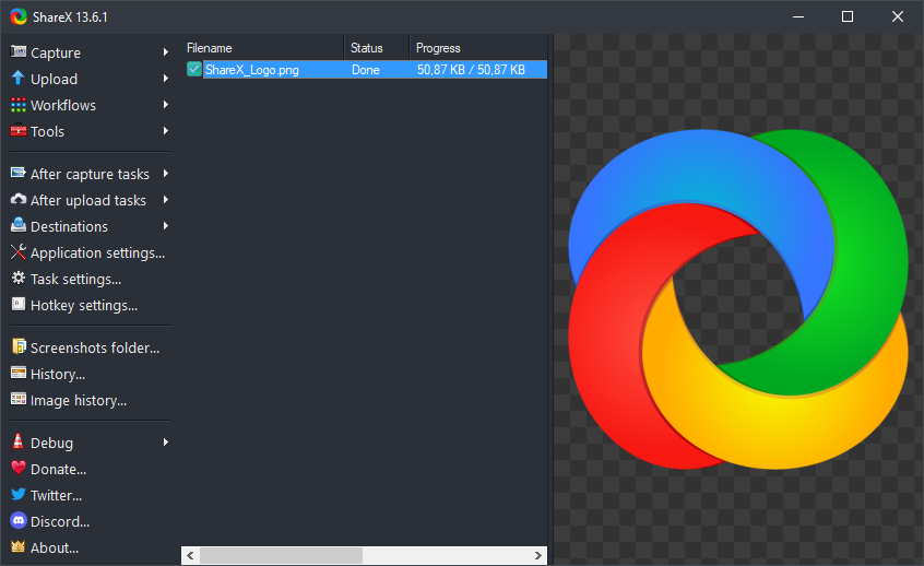 ShareX main window list view