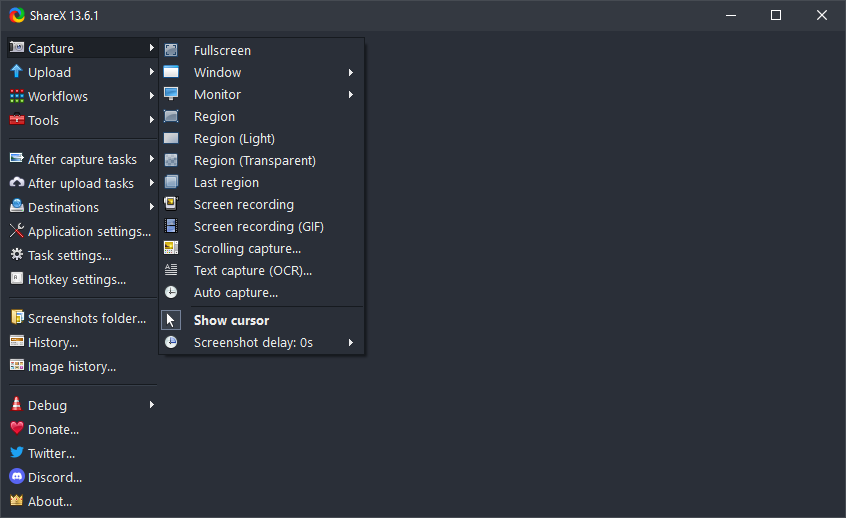 ShareX Capture menu with fullscreen, region, scrolling capture, and recorder options