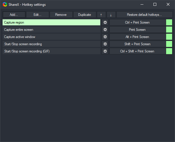 ShareX hotkey settings window