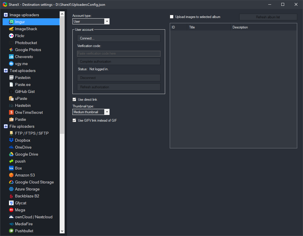 ShareX destination settings for Imgur