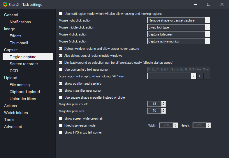 ShareX task settings for region capture