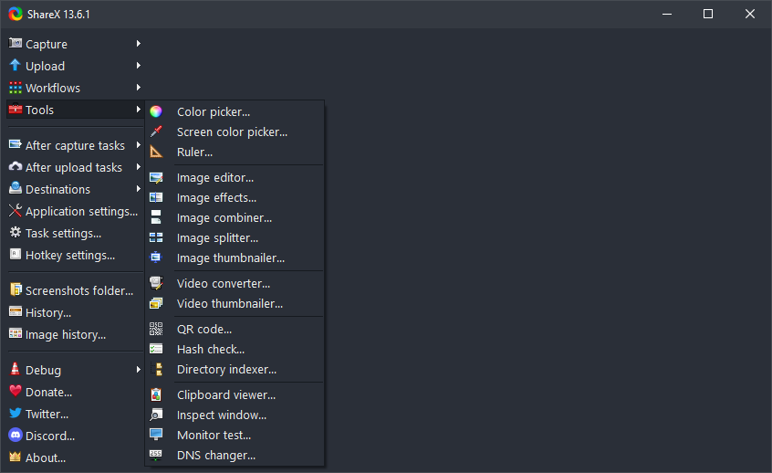 ShareX Tools menu: color picker, OCR, image editor, and more